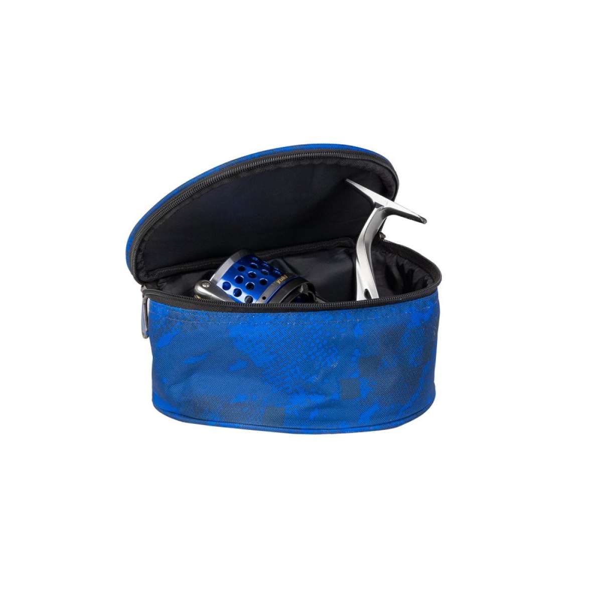 Bolsa para carretos Yuki azul em material reforçado com pega superior acolchoada, logo branco Innovation Leader, interior acolchoado anti-choque, dimensões 20x11x17cm, capacidade para 1-2 carretos spinning ou 1 carreto surfcasting