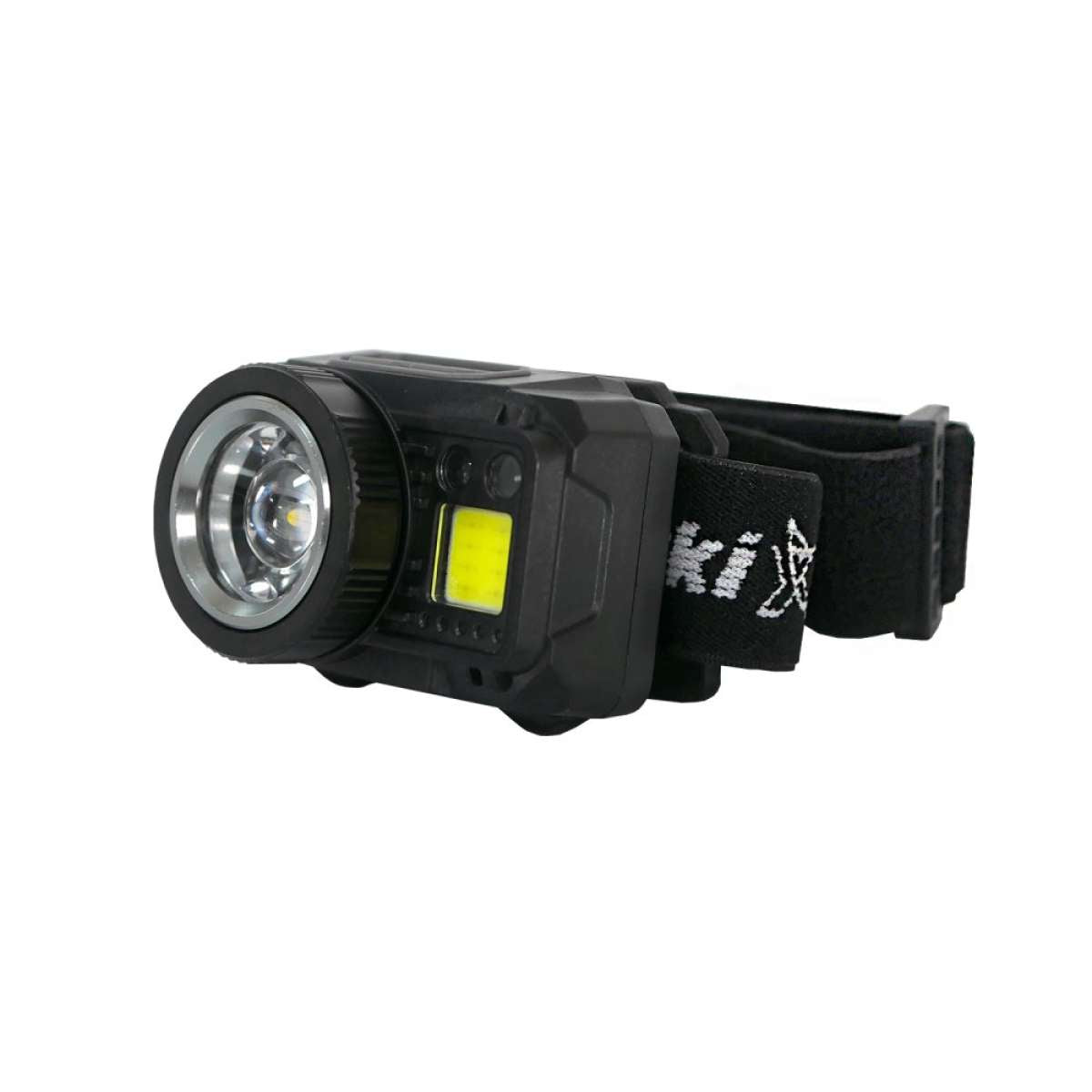 Yuki Royal USB Headlamp - Vista lateral com banda elástica ajustável e botões de controlo

