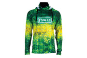 Camisola Hart Tropic Hoodie - vista frontal padrão camuflagem aquática verde/amarelo/azul com logo HART branco em caixa verde e gola tapa-pescoço baixada