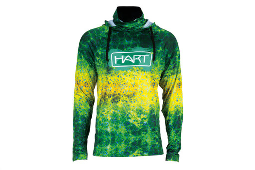 Camisola Hart Tropic Hoodie - vista frontal padrão camuflagem aquática verde/amarelo/azul com logo HART branco em caixa verde e gola tapa-pescoço baixada