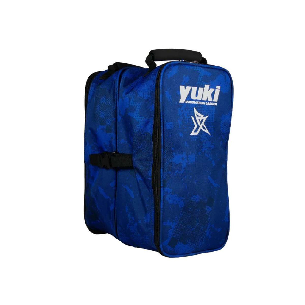 Estojo porta-carretos e bobines Yuki azul e preto com 4 compartimentos ajustáveis para 8 bobines, 1 compartimento central para carreto, alça de transporte acolchoada, divisórias personalizáveis, material repelente à água, dimensões 38x21x10cm
