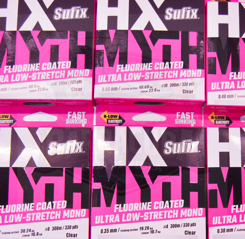Fotografia da gama Sufix HX-Myth Clear em diferentes diâmetros e comprimentos