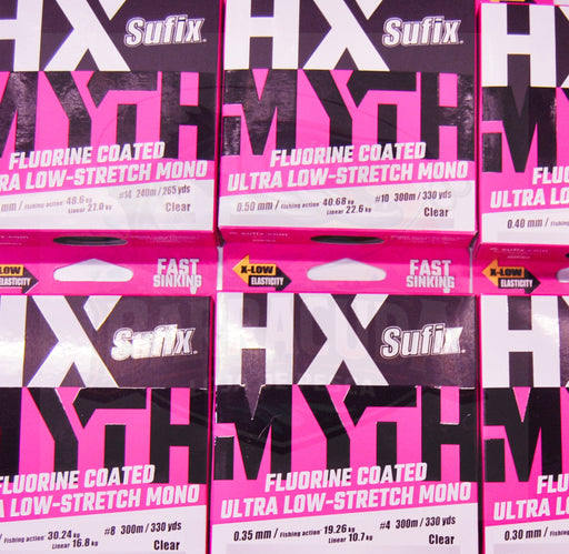 Fotografia da gama Sufix HX-Myth Clear em diferentes diâmetros e comprimentos
