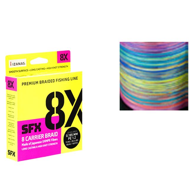 Embalagem da gama Sufix SFX 8X Braid e pormenor da linha Multicolor