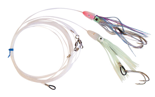 Montagem Dupla Hart Octopus Rig 3.5 Cor 05 - montagem completa com fio fluorocarbon transparente 4.90m, destorcedor e clip de segurança, 2 octopus com cabeçotes de madreperola rosa/verde iridescente e branco e anzóis duplos inox